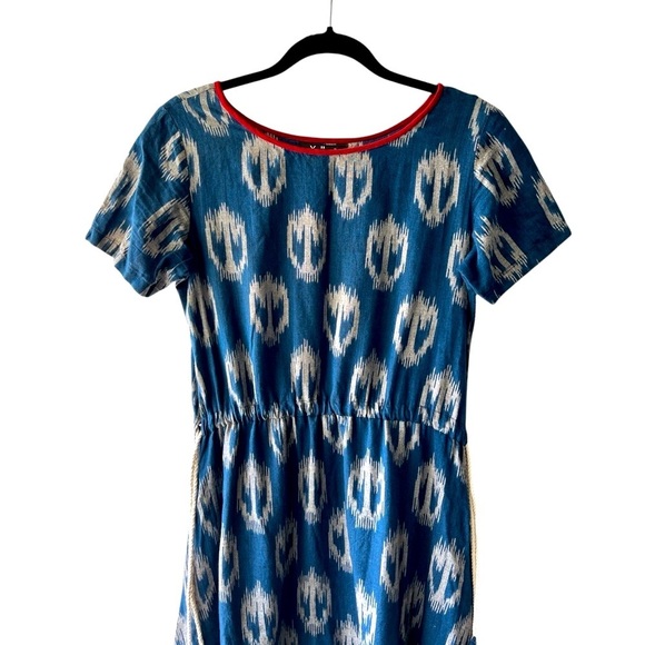 Yell Boho Linen Ikat Print Harem Drop Crotch Jumpsuit Blue Relaxed Festival M - Picture 2 of 12